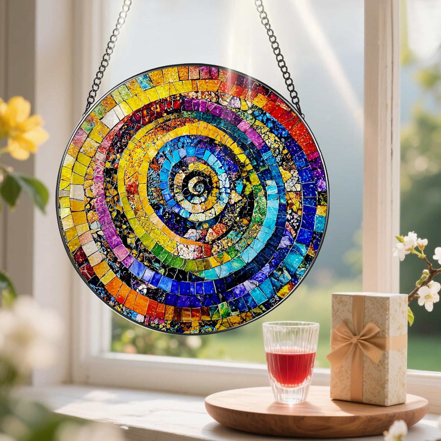 Stained Glass Window Hanging, Pauyadu 8 Inch Rainbow Spiral Stained Glass Suncatcher, Home Decor for Windows, Art Lovers Gifts, Christmas, Birthday Gift Ideas, Gifts for Best Friend, Lovers