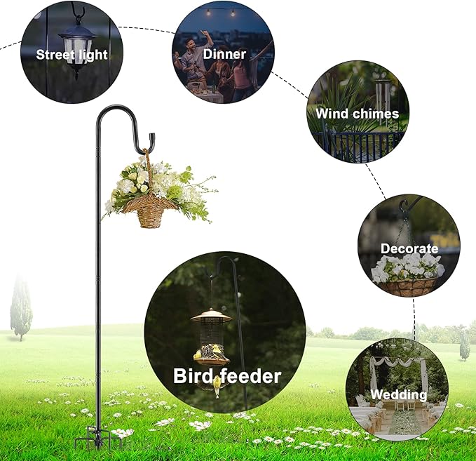 Bird Feeder Pole, 46 Inch & 5/8 Inch Diameter Stainless Steel Heavy Duty Shepherds Hooks for Outdoor to Hang Outdoor Lights with 5 Prongs Base, Rustproof for Garden Decor or Wedding Decors(Black)