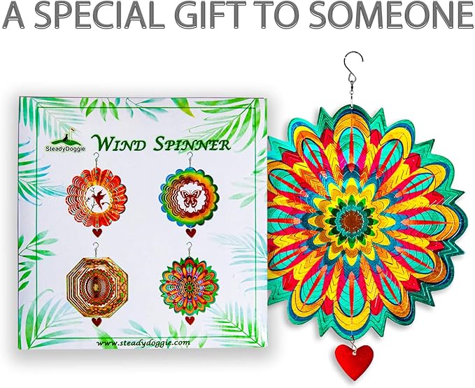 SteadyDoggie Wind Spinner Mandala Flame 12 inches - 3D Stainless Steel - Laser Cut Metal Art Geometric Pattern - Yard Spinners Outdoor - Hanging Wind Spinner, Kinetic Yard Art Decorations