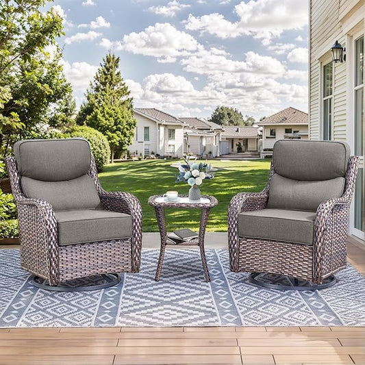 HUMMUH Outdoor Patio Wicker Swivel Rocker Chairs with 6-Inch Thick Cushion High Back 3 PCS Wicker Conversation Set for Porch Balcony Deck