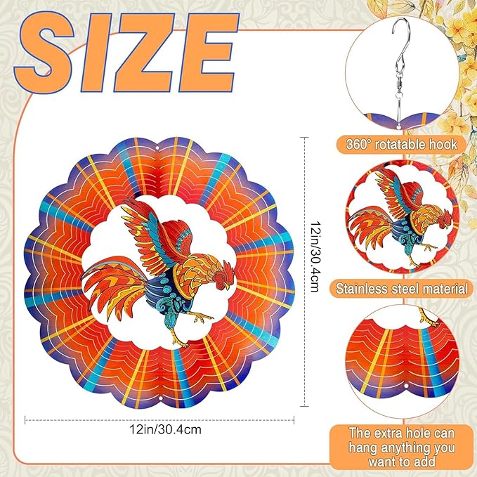 Rooster Wind Spinners Outdoor, 3D Hanging Wind Spinners Outdoor Metal Rooster Decor Chicken Gifts for Women Mom Hanging Chicken Decor, 12" Wind Spinners for Yard Garden Porch Outdoor