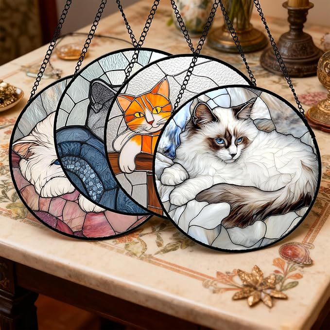 Stained Glass Window Hanging 4 Pcs Set Cute Cat Large 15" - Suncatcher Door Garden Sun Catcher Decor Birthday Mother's Day Christmas Comfort Gifts for Lost Pet Woman Nana Mom Men Friend
