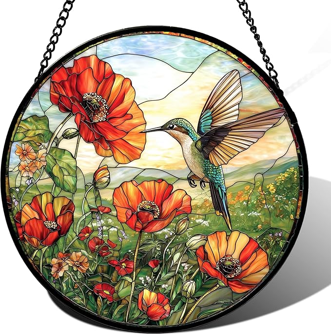 Stained Glass Window Hanging, Hummingbirds Orange Flowers Suncatcher Diamond Glass Panel Hangings Sun Catchers Decor for Birthday for Women, Men, Wife, Aunt, and Mom 14.9 in