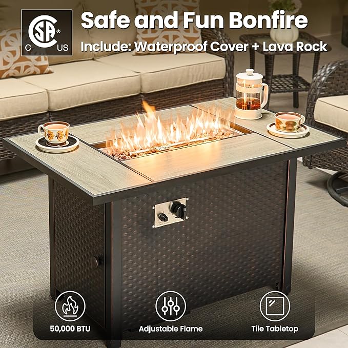 ovios 7 Pieces Patio Furniture Set, Outdoor Wicker Sofa Couch with Swivel Chairs 42" Fire Pit Table, High Back All Weather Modern Conversation Sets, Brown Rattan, Beige