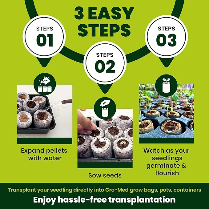 Gro-Med Organic Coco Coir Seed Starter Pellets NPK Enriched 50 Pcs, 35mm Perfect to Grow Herbs, Vegetables, Flowers,Fruits Seedlings, Compressed Coconut Coir Soil Plugs - Easy to Transplant in Pot