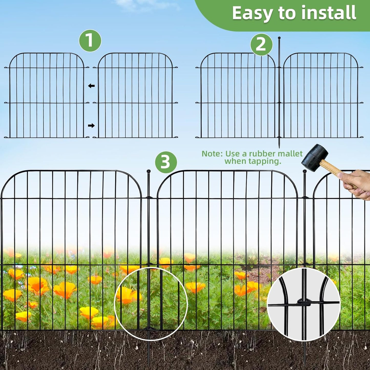 5 Panels No Dig Decorative Garden Fence for Yard, 24 in(H) x 10 ft(L) Rustproof Metal Wire Fence Border with Patio Temporary Ground Stakes, Animal Barrier Fencing for Dog and Small Pets