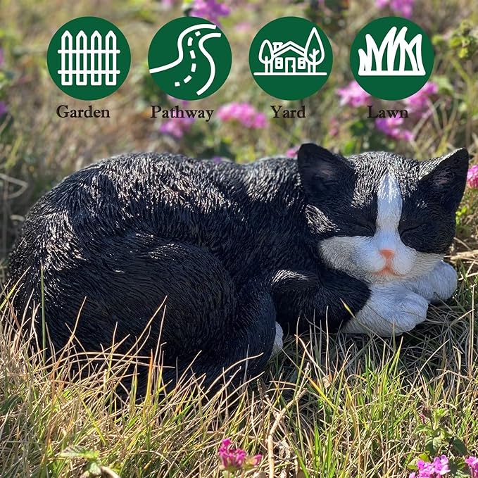 Cat Statue Outdoor Cat Figurines Garden Decor, Black Cat Statue Figurine Decor Sculpture for Patio, Yard, Sleeping Cat Statues for Indoor Table Accessory, Gift for Mom