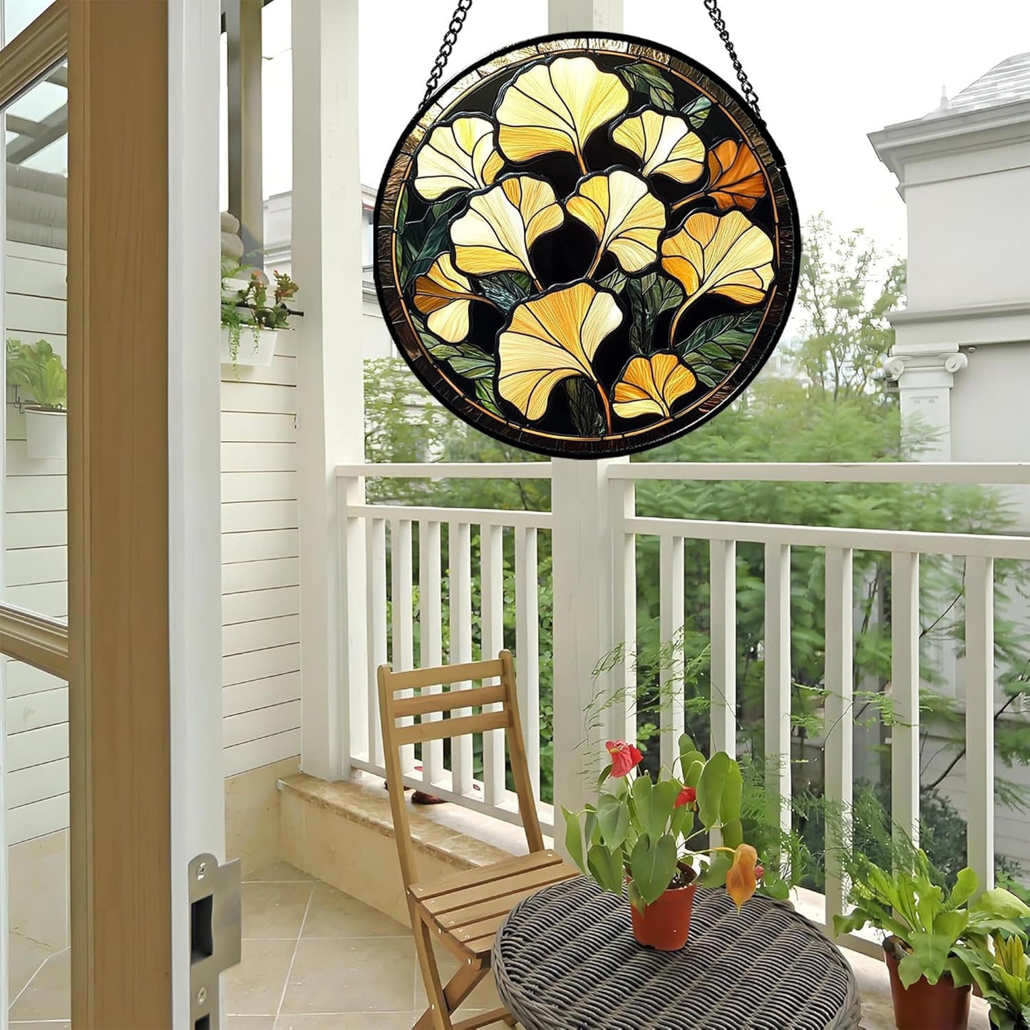 Stained Glass Window Hanging - Ginkgo Leaf Suncatcher for Doors Garden Patio Retro Fall Decor Sun Catchers Christmas Mother's Day Birthday Gifts for Women Men Mom Nana Friend 9.8 in