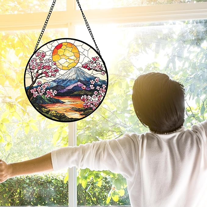 Stained Glass Window Hanging, Sun Blooming Cherry Blossoms Suncatcher Diamond Glass Panel Sun Catchers Decor for Birthday for Women, Men, Wife, Aunt, and Mom 6.3 in
