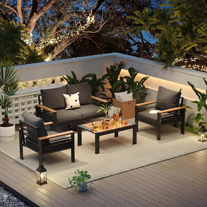 Aoxun Aluminum Patio Furniture Set 4 Seats, Oversized Outdoor Sectional with Washable Cushions, Coffee Table and Waterproof Cover, Patio Conversation Sets for Porch, Balcony, Deck