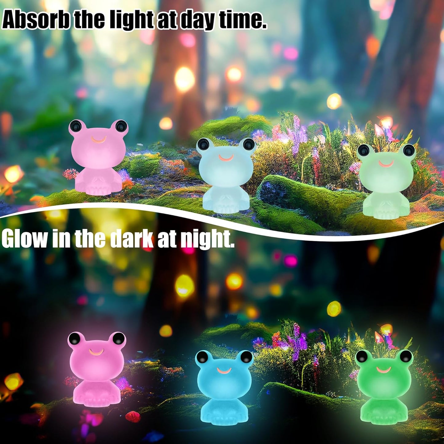 50 PCS Luminous Mini Resin Frogs Tiny Plastic Frogs Glow in The Dark Miniature Frog Figurines for Fairy Garden Miniature Moss Landscape Decoration (8 Colors Mini Frogs)