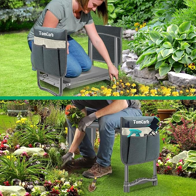 TomCare Garden Kneeler and Seat 10.64” Wider Larger Soft Kneeling Pad Garden Bench with 2 Large Tool Pouches Heavy Duty Garden Stool Foldable Tools Gardening Gifts for Women Men Gardeners,Grey