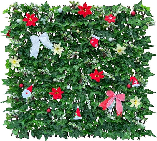 Expandable Fence Privacy Screen for Balcony Patio Outdoor,Decorative Faux Ivy Fencing Panel,Artificial Hedges (Single Sided Leaves) (1, Christmas-Ivy)