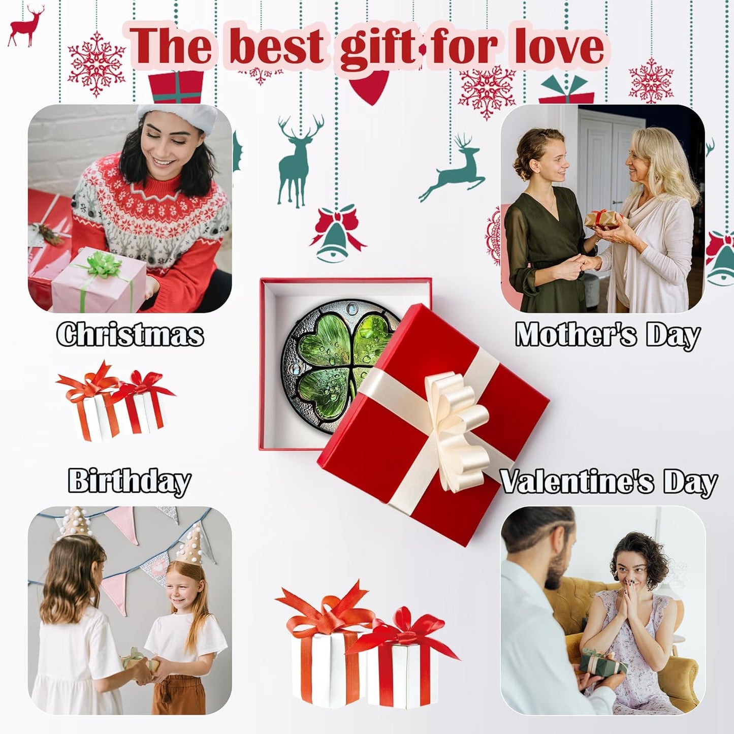 Stained Glass Window Hanging, Green Silver 4 Leaf Clover Sun Catcher for Window Door Home Decor Plant Suncatcher Christmas Mother's Day Birthday Gifts for Women Men Mom Nana 6.3 in