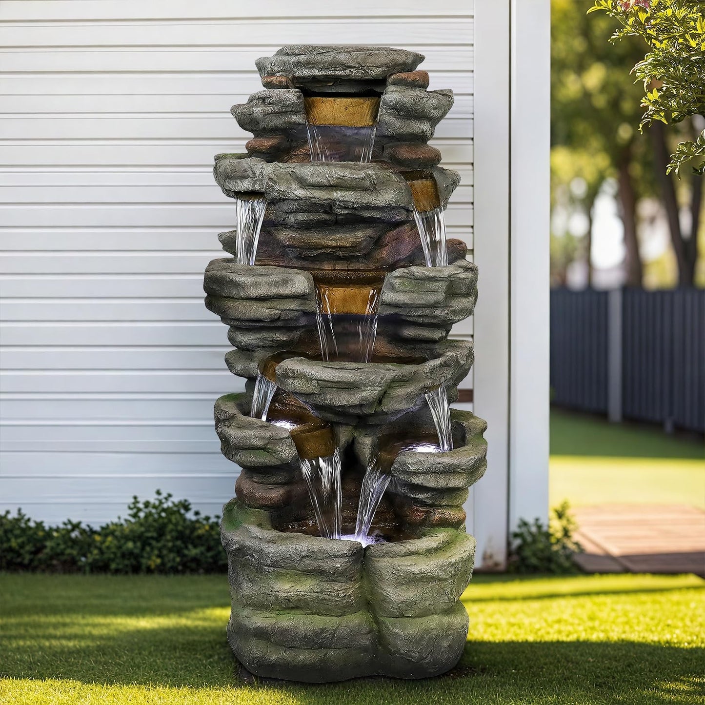SunJet 47.2" High Cascading Rock Outdoor Water Fountain with LED Lights - Large Outdoor Resin Fountains and Waterfalls for Garden or Patio, Yard, and Deck Decor, Featuring Natural Stone Look