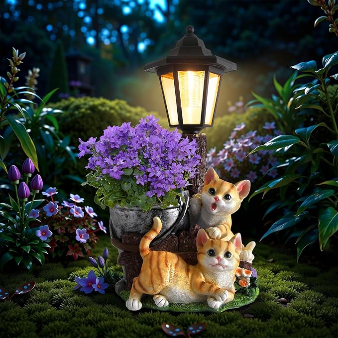 Solar Cat Outdoor Statues, Garden Sculptures with Flowerpot Decor & Solar Lantern for Yard Art Lawn Ornaments Porch Patio Balcony - Idea Gifts for Women Mom Grandma