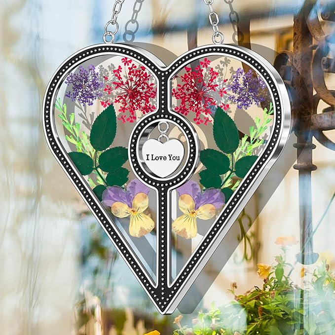 KY&BOSAM Heart Suncatcher I Love You Glass Panels for Window Hangings Wind Chime with Pressed Flower Heart Embedded in Glass Mom Gifts Birthday Gifts for Women Mother`s Day Valentine`s Christmas Decor
