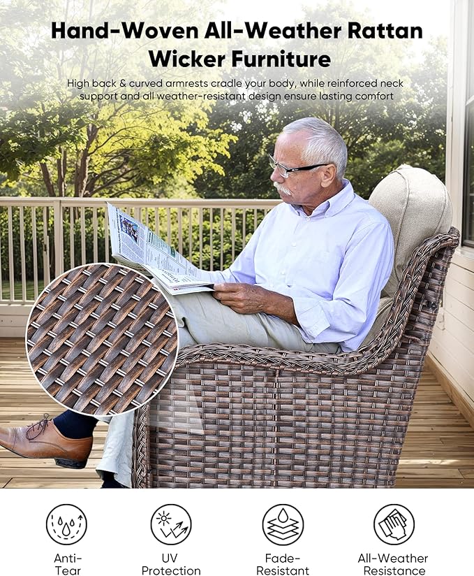 HUMMUH 6-Piece Outdoor Wicker Patio Furniture Set with Swivel Glider Chairs, 3-Seat Sofa & Ottomans 5” Olefin Cushions Ergonomic Neck-Lumbar Backrest All-Weather Rattan for Garden, Deck, Porch