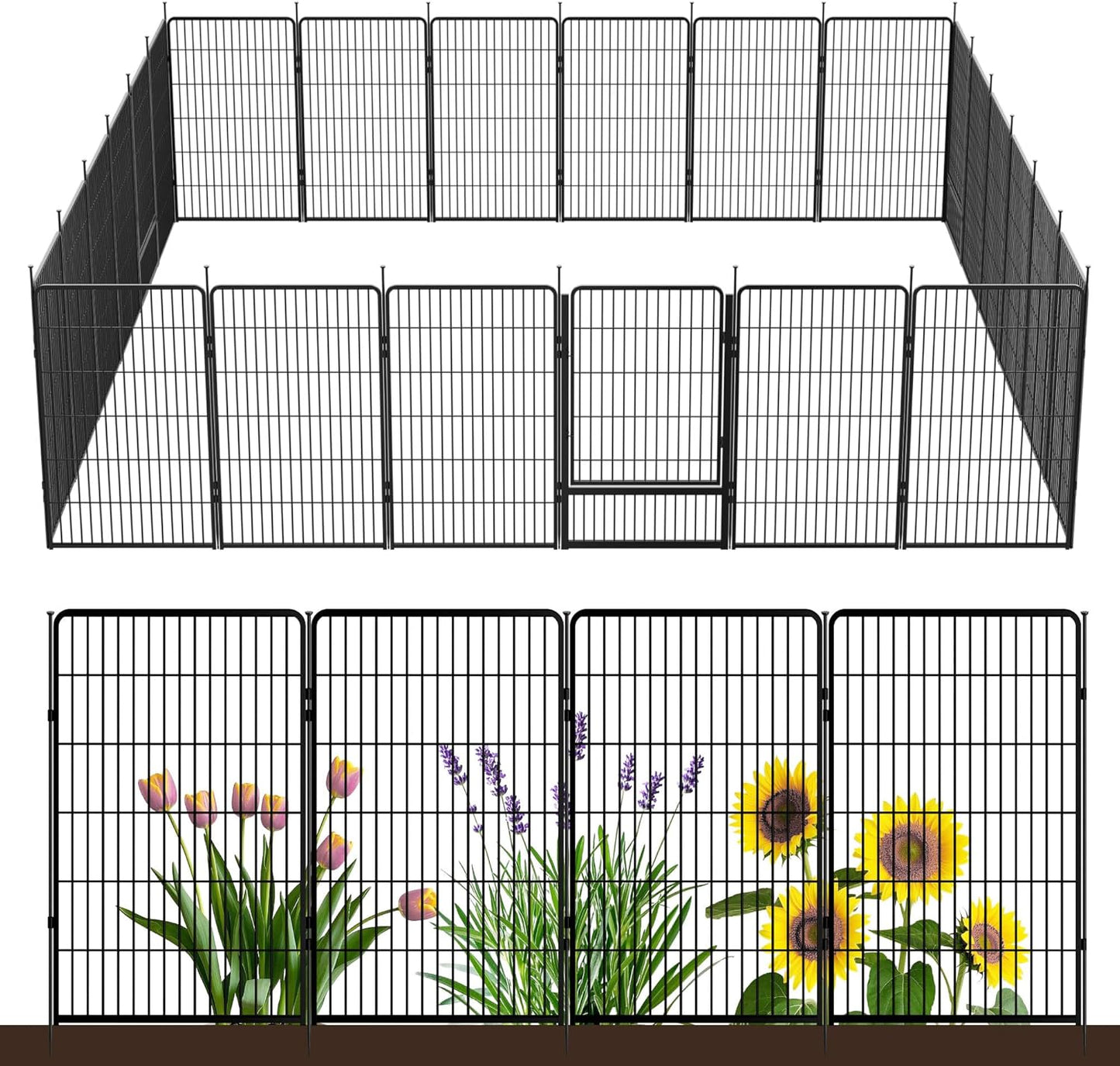Decorative Garden Fence with Gate 45 in(H) x 53.5 ft(L) 24 Panels, Heavy Duty Metal Animal Barrier Fence for Yard, Flower Bed Fencing, Garden Border Fence, Easy Set Up, Black