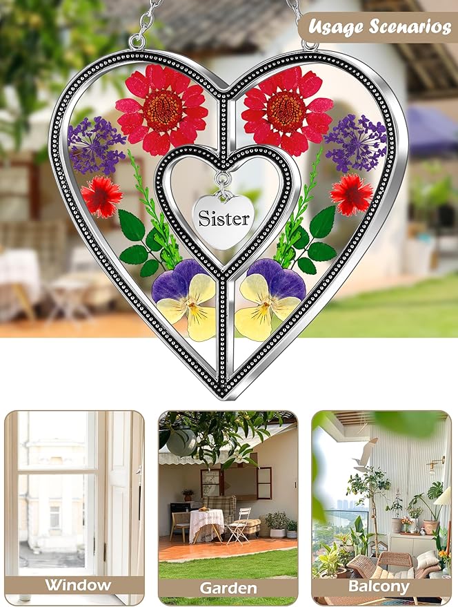 KY&BOSAM Heart Suncatcher Sister Stained Glass Panels Hangings for Windows Sun Catchers with Pressed Real Flower Heart in Glass Birthday Gifts for Women Mothers Day Home Garden Christmas Ornament