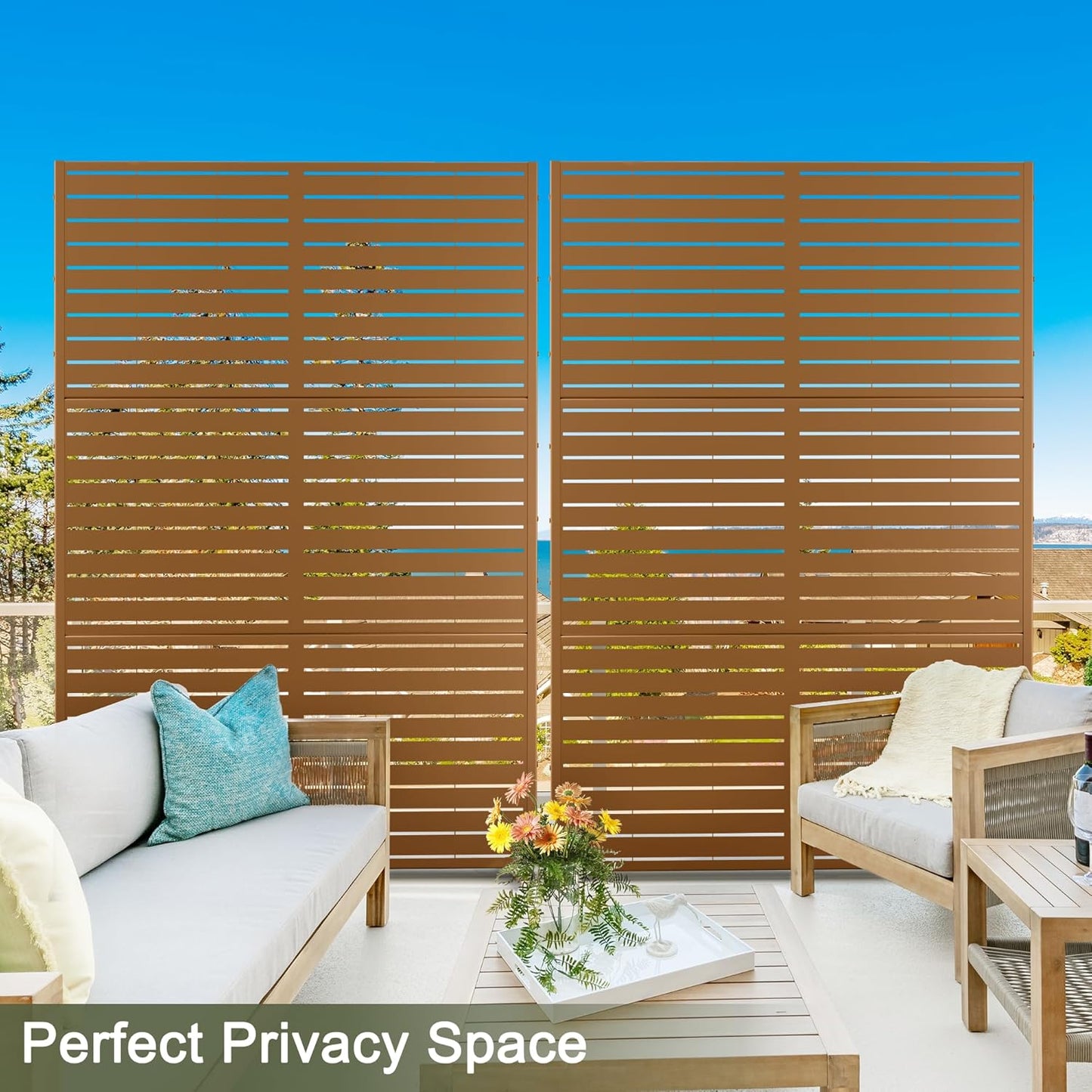 Metal Privacy Screen Outdoor 72" H×47" W, Freestanding Decorative Privacy Screen for Balcony Yard&Garden,Privacy Fence-Brown&Louvered