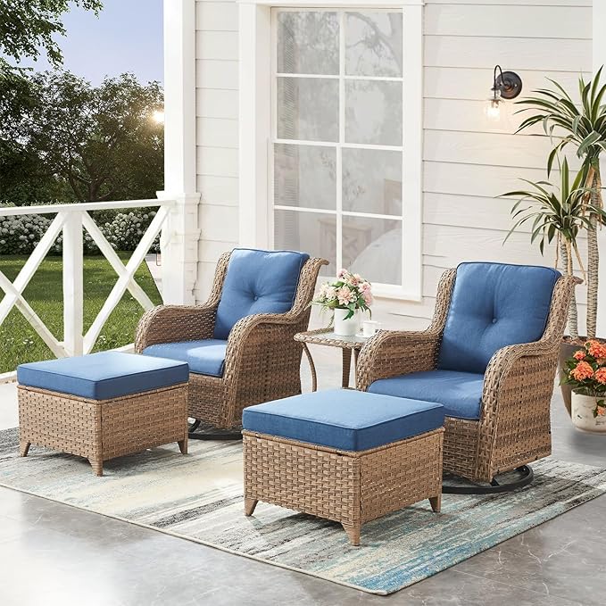 HUMMUH 5 Piece Outdoor Patio Furniture Set Wicker Conversation Bistro Set Swivel Rocking Chairs with Side Table and Ottomans for Backyard, Porch, Balcony