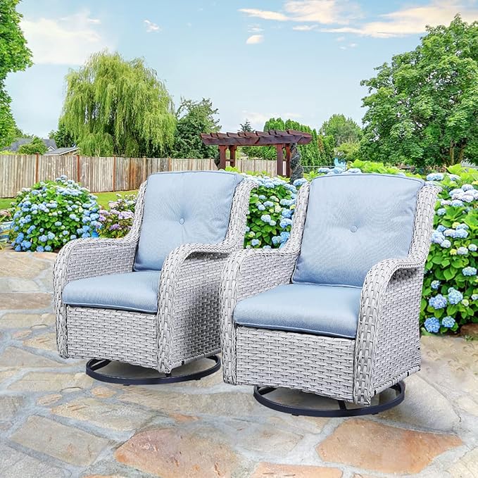 HUMMUH Outdoor Swivel Rocker Wicker Patio Chairs Set of 2, Rattan Rocking Chair Furniture Set(Light Grey,Light Blue)