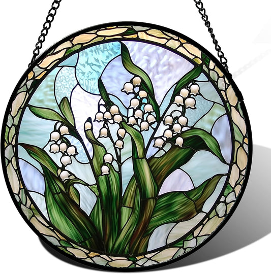 Stained Glass Window Hanging, White Green Lily of The Walley Flowers Sun Catcher for Door Home Decor Plants Suncatcher Christmas Mother's Day Birthday Gifts for Women Men Mom Nana 11.8 in