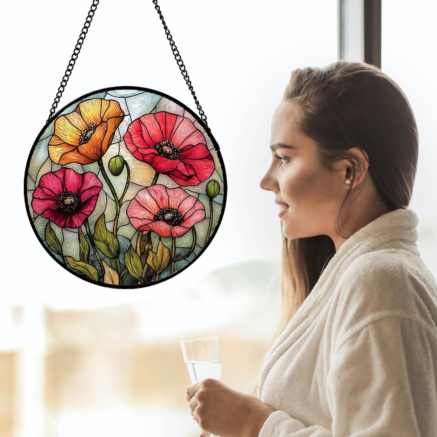 Stained Glass Suncatcher, Red Orange Poppy Flowers Sun Catcher Silver Background Wildflowers Window Hanging Decor Christmas Mother Birthday Gifts for Women Men Mom Nana 7.8 in