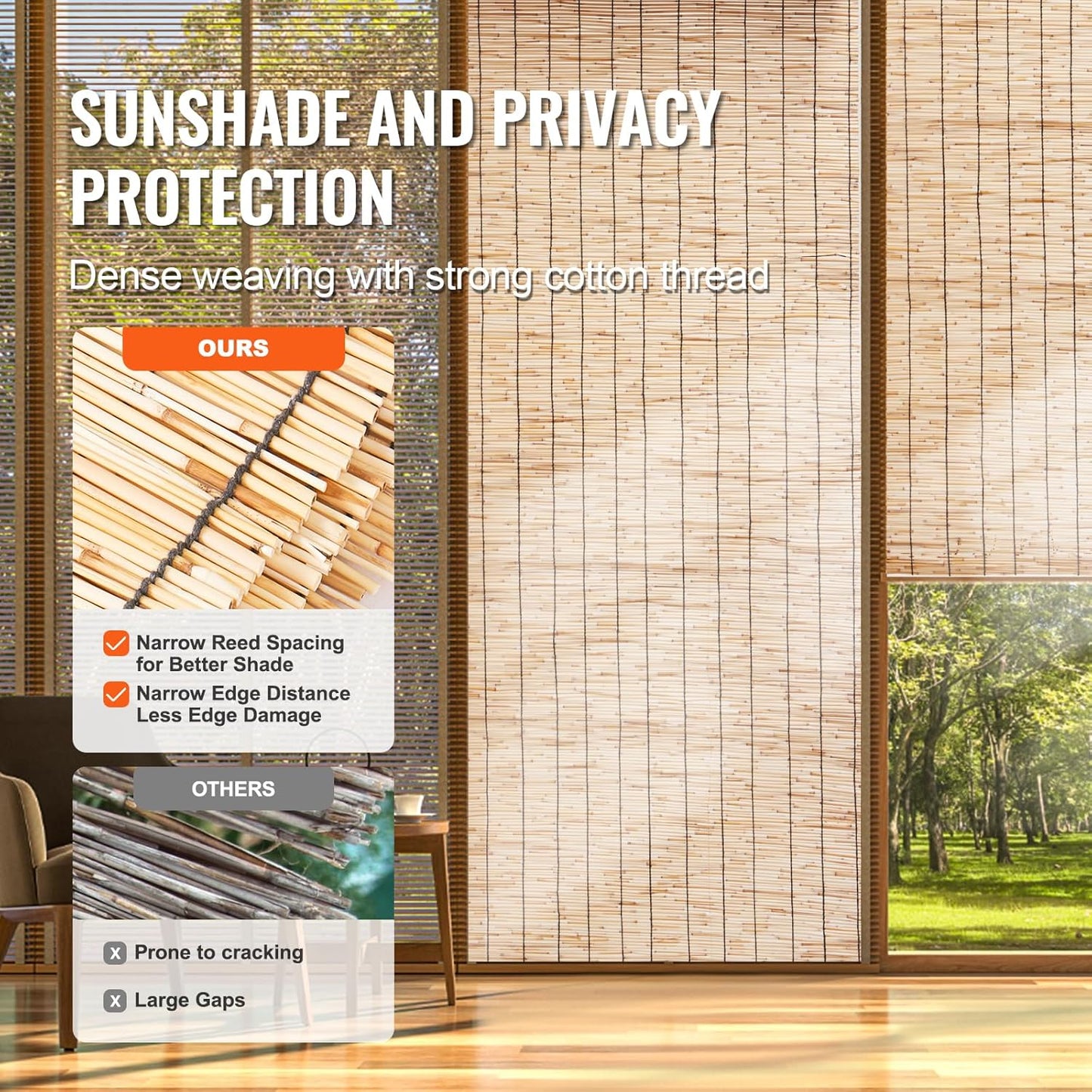 VEVOR Natural Reed Fencing, 5.5 ft x 16.4 ft, Reed Screen Curtain Balcony Fence Roll for Outdoor Backyard Patio, Decorative Fence for Backyard Garden Fencing Divider, Privacy Screen Panel Curtain