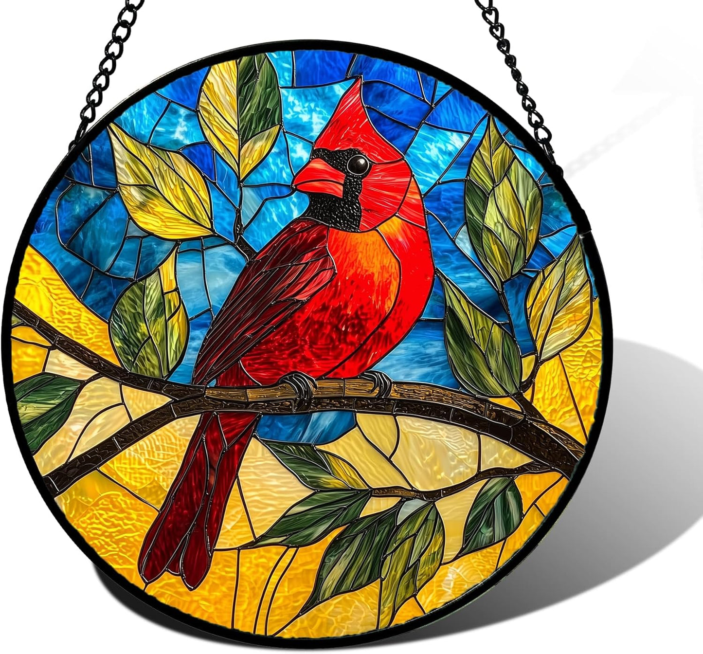 Stained Glass Window Hanging, Blue Sky Cardinal Sun Catchers Colorful Glass Panel Red Birds Suncatcher Decor for Birthday for Women, Men, Wife, Aunt, and Mom 6.3 in