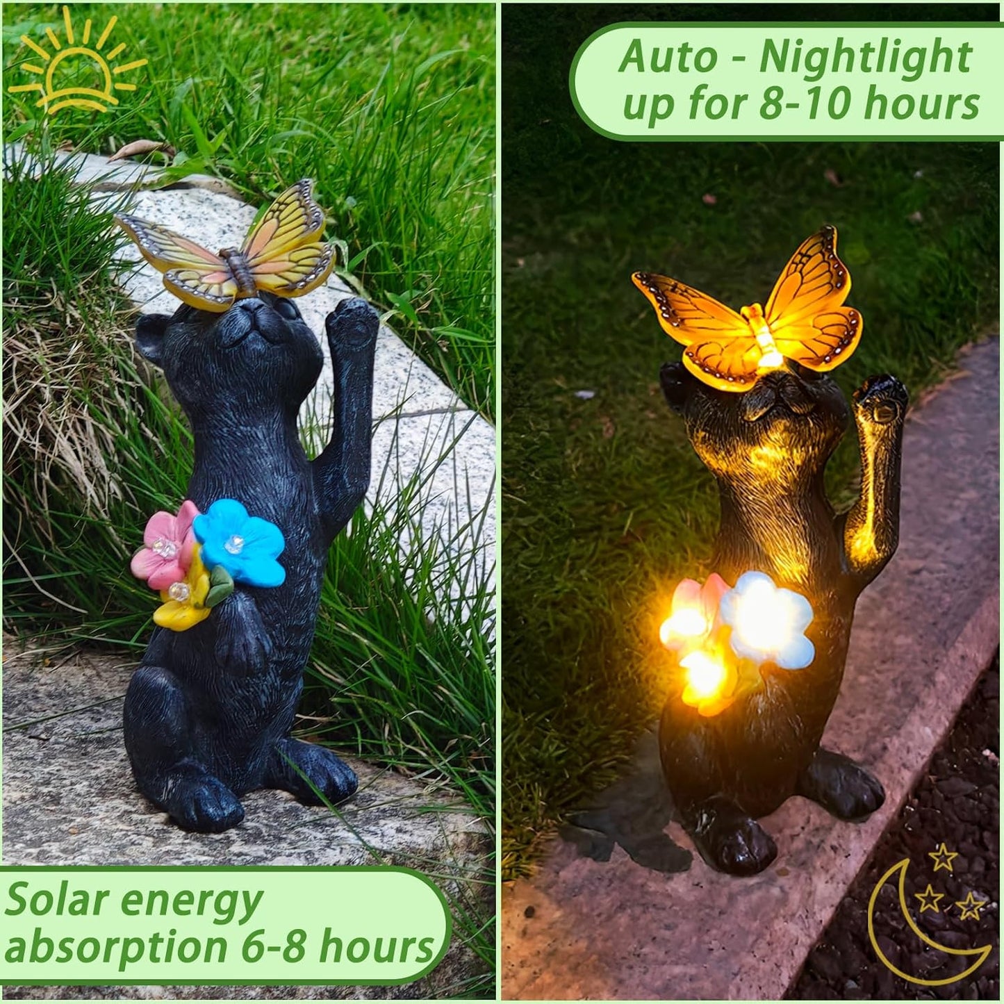 Solar Cat Garden Statue Outdoor Decor - Resin Cat Butterfly Statues for Outside Waterproof, Animal Figurines for Patio Balcony Yard Art Lawn Ornaments, Unique Birthday Gifts for Mom/Women/Grandma
