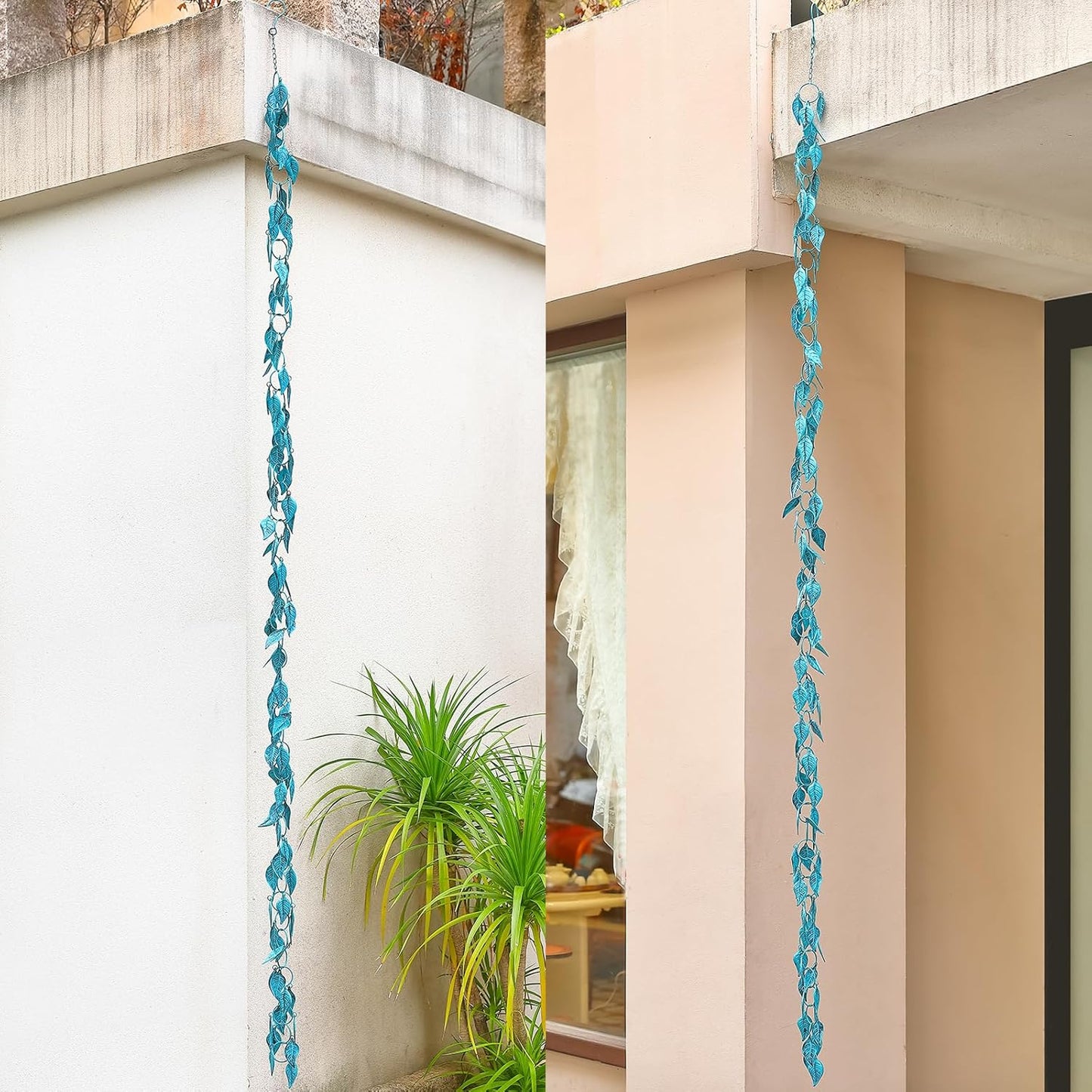 Leaves Rain Chain, 8.5 Ft Rain Chains for Gutters and Downspouts, Decorative Gutter Chain Downspout, Metal Leaf Rain Catcher Chain for Outside, Antique Blue Rainchain, Outdoor Garden Decor
