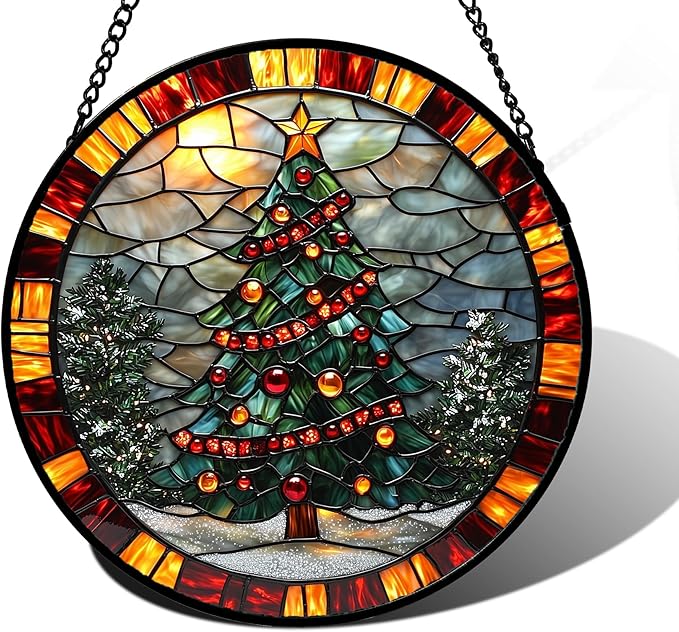 Stained Glass Window Hanging - Winter Christmas Tree Suncatcher Ready to Hang Window Doors Home Decoration, Christmas, Mother's Day Birthday Gifts for Women, Men, and Mom 9.8x9.8 in