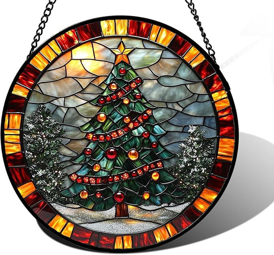 Stained Glass Window Hanging - Winter Christmas Tree Suncatcher Ready to Hang Window Doors Home Decoration, Christmas, Mother's Day Birthday Gifts for Women, Men, and Mom 9.8x9.8 in