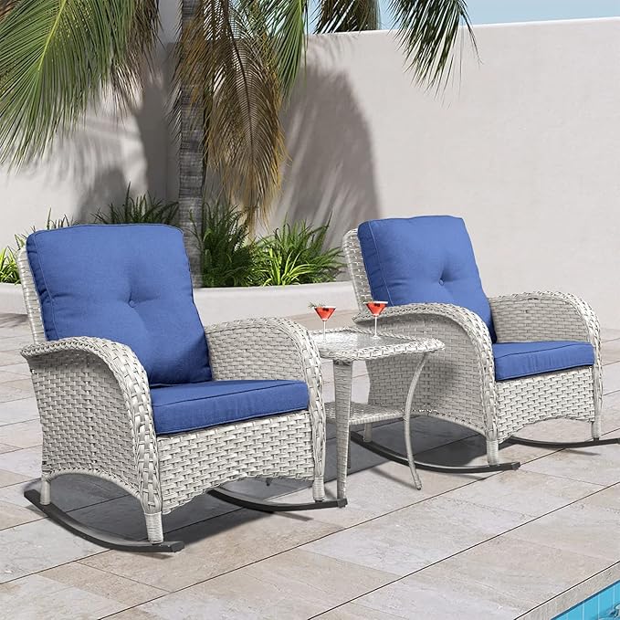 HUMMUH Patio Wicker Rocking Chairs Set of 2 Rattan Outdoor Rocking Chairs for Front Porch Garden Backyard Lawn Balcony Weather Rocker Chair with Side Table