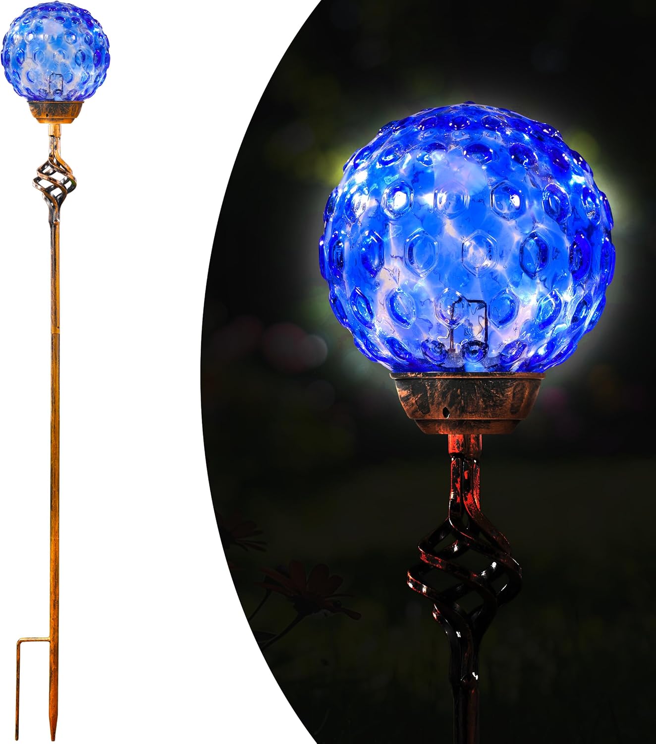 Garden Solar Lights Outdoor, Decorative LED Honeycomb Glass Ball Garden Stake, Glass and Metal Outdoor Decoration, 4 x 31 Inch (Dark Blue)