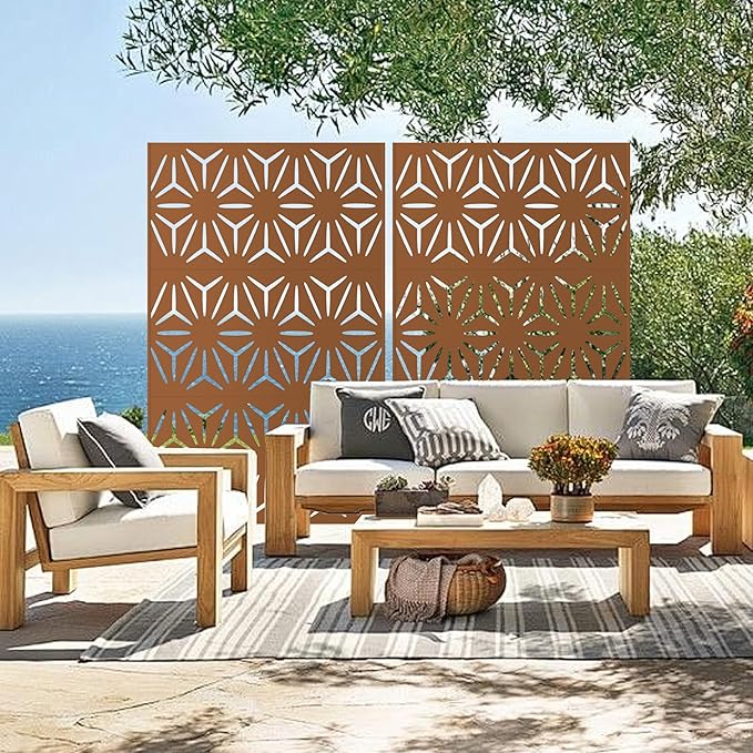 Heavy-Duty Outdoor Privacy Screen for Patio, Balcony, Backyard - 72" H * 44" W Metal Room Divider with Classic Clover Pattern, Anti-Tipping Kit, Weather Resistant, Easy Assembly (Raw Umber-SJX)