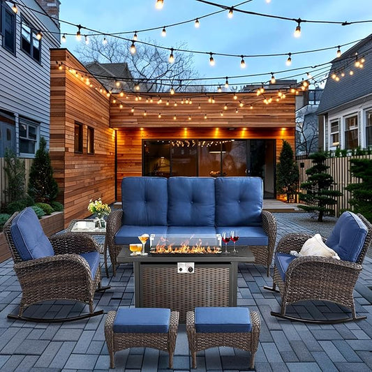 HUMMUH 7-Piece Outdoor Patio Furniture with Fire Pit Set,Wicker Patio Sofa Set Outdoor Rocking Chairs with Ottomans for Backyard,Poolside,Deck