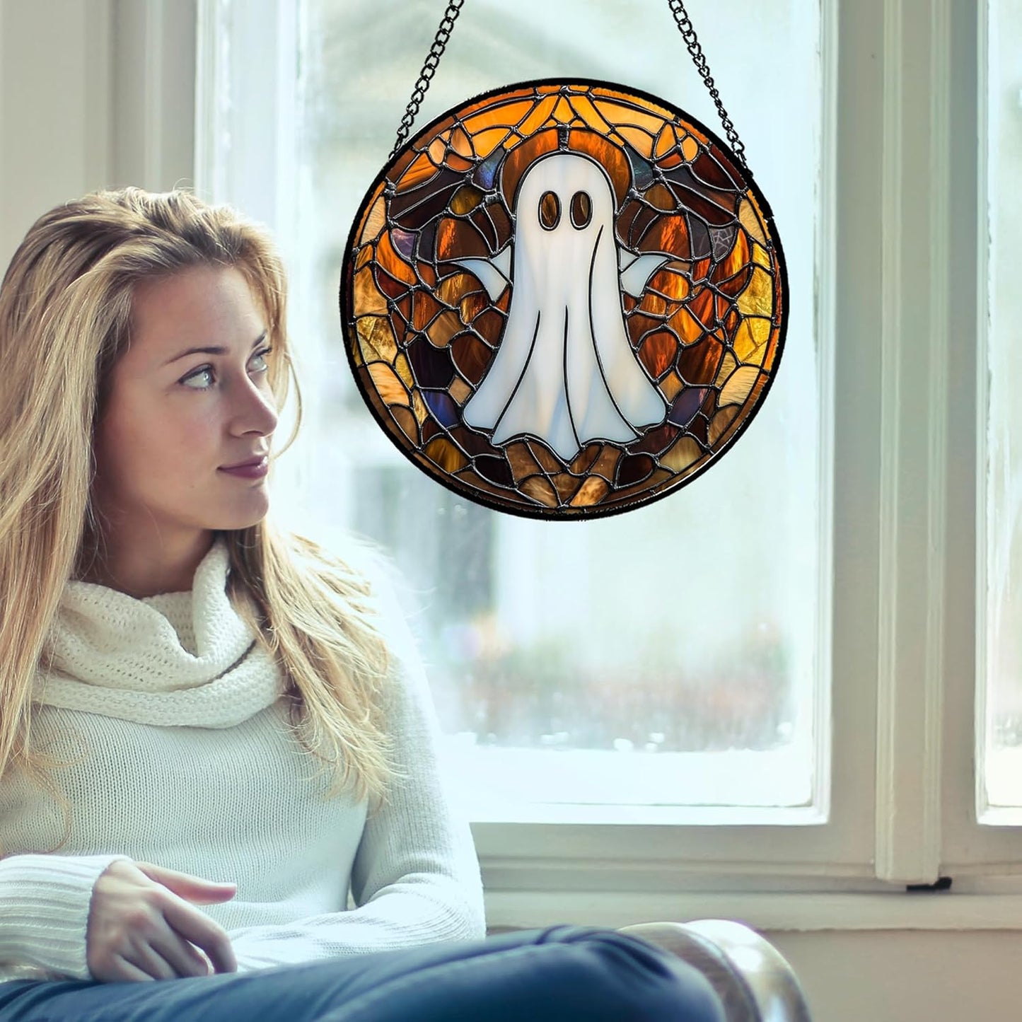 Stained Glass Window Hanging Halloween White Horror Ghost 9.8" - Suncatcher Door Garden Kitchen Sun Catcher Home Gothic Decor Birthday for Mom Men Woman Friend Grandma