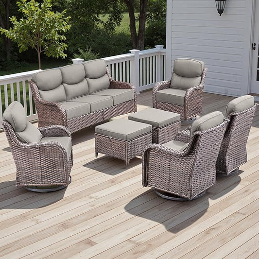 Rilyson Wicker Outdoor Patio Furniture Set - 7 Piece Patio Conversation Sets with Swivel Rocker Chairs, Ottomans and Sofa, 6 inch Cushions, Waterproof Wicker, for Porch Deck Brown/Beige