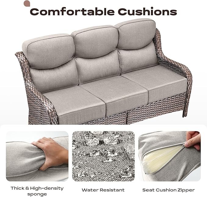 Rilyson Wicker Outdoor Patio Furniture Set - 8 Piece Patio Conversation Sets with Swivel Rocker Chairs, Ottomans, Sofa and Table, 6 inch Cushions, Deep Seating, for Porch Deck Brown/Beige