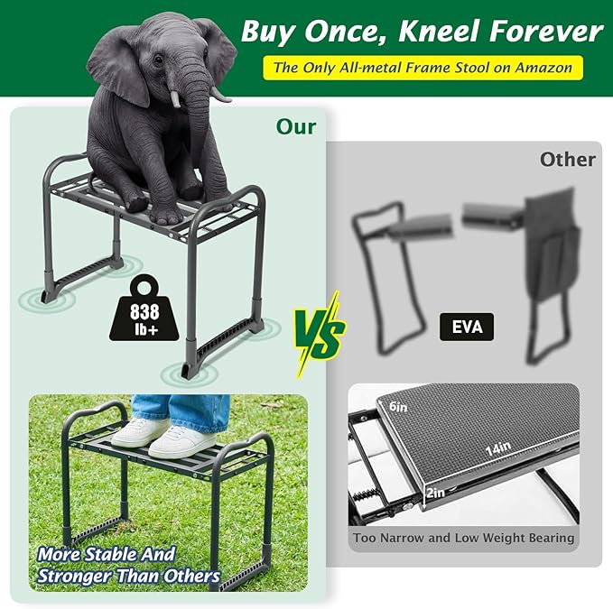 ikkle 838LB+ Capacity Garden Kneeler and Seat - Ultra Heavy Duty Stool Bench with Thick Soft Pad, Gift for Gardeners