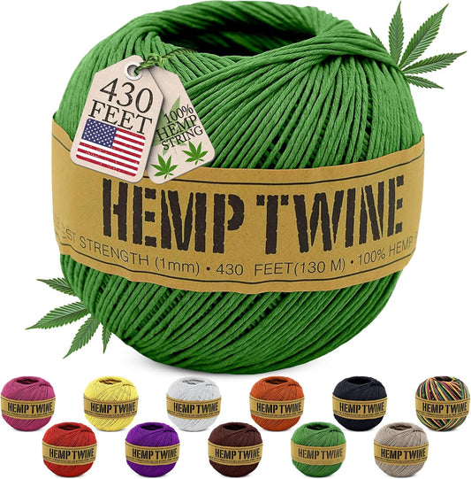 Hemp Twine for Gardening - Twine for Crafts - Organic Natural Hemp String for Jewelry Making - Strong Durable Cord for Decoration, Macrame + Cooking - 1MM, 100G/430 Ft. - 20 lb. Test Strength - Green