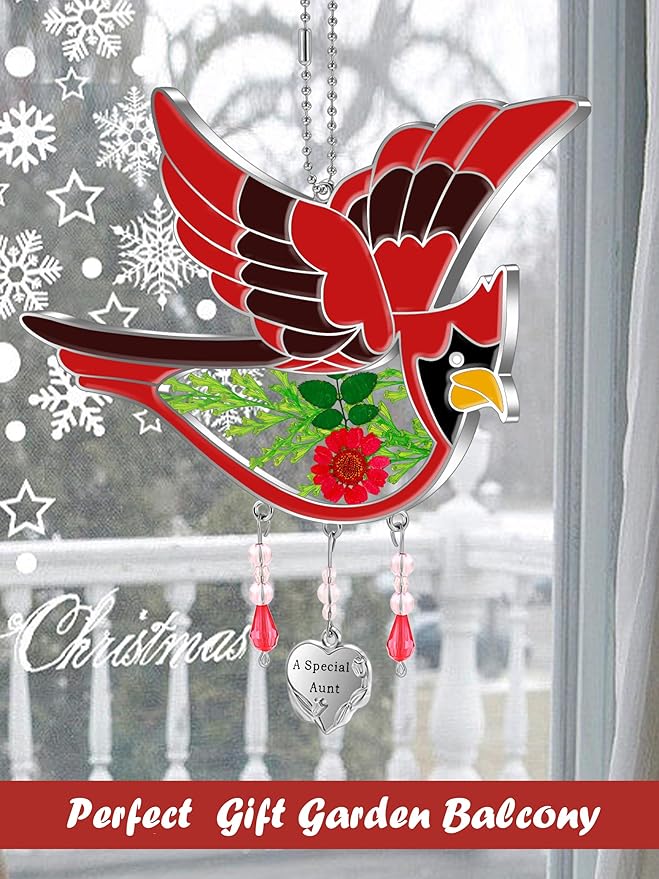 KY&BOSAM Cardinal Suncatcher A Special Aunt Had-Painted with Pressed Real Flower Wings Mother's Day Glass Hanging for Window Ornament with Metal Heart Charm Birthday Gift for Women Unique