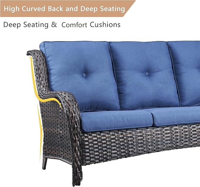 HUMMUH 4 Pieces Outdoor Furniture Patio Furniture Set Wicker Outdoor Sectional Sofa with Swivel Rocking Chairs,Outdoor Coffee Table,Brown/Blue