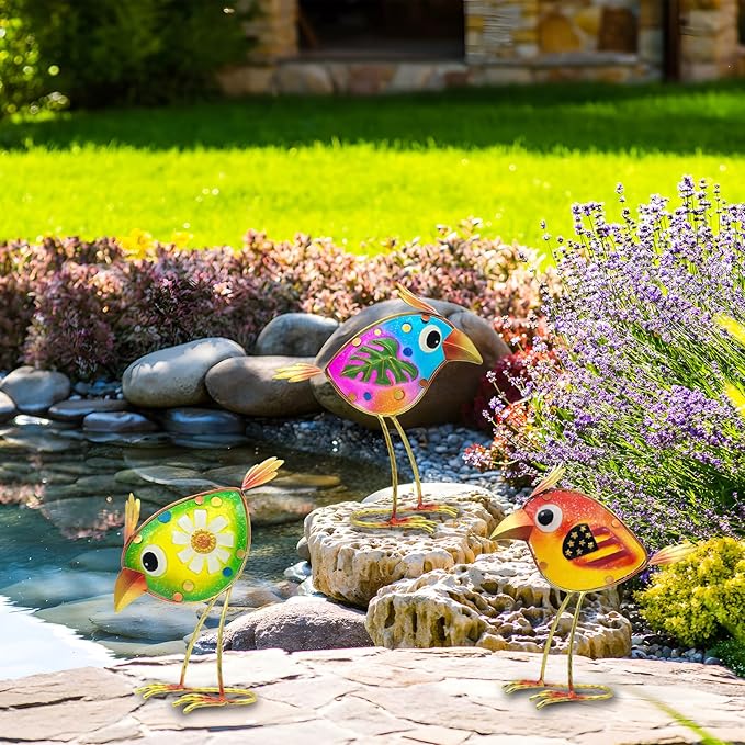 Garden Decor Metal & Glass Bird Decor for Indoor & Outdoor Set of 3 Birds, Lawn Ornaments for Patio Yard Porch, Outdoor Statue Decorations