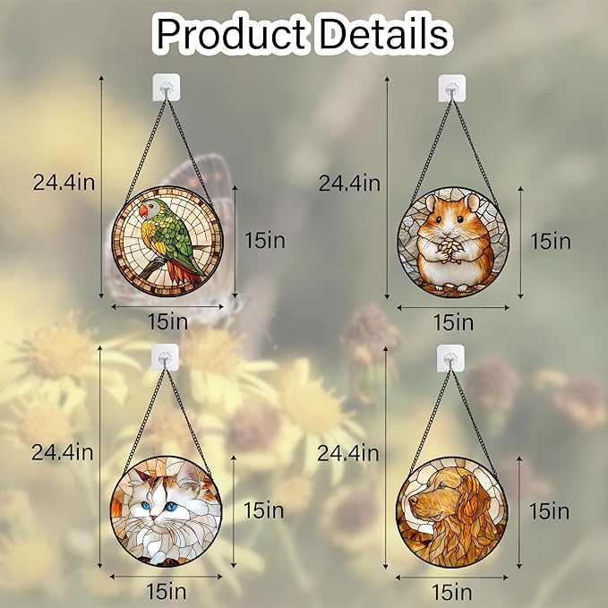 Stained Glass Window Hanging 4 Pcs Set Cute Cat and Dog Large 15" - Animal Suncatcher Door Garden Sun Catcher Decor Birthday Mother's Day for Mom Woman Nana Girl Boy Friend