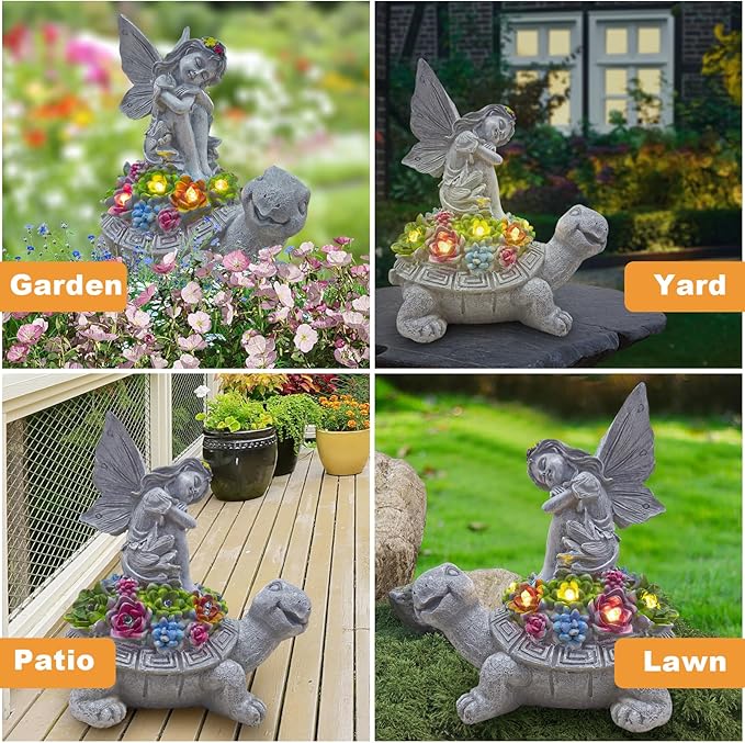 Solar Garden Statue Angel and Turtle,Figurines Outdoor Decor,Outdoor Solar Statue with LED Lights for Yard,Patio,Lawn Art Decoration,Housewarming Gift