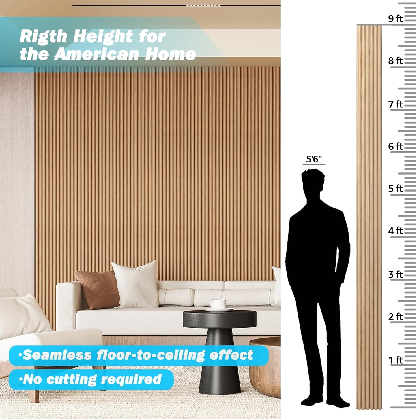 Art3d Fluted Wood Panel for Wall and Ceiling, Beaded Accent Molding for Home Decoration, Pack of 4pcs + 1pc End-Trim, Size 108 x 5.7in.- Beaded Oak